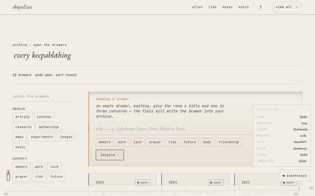 the drawers — a wall of specimen drawers you filter, search, sort, and flick open, plus a form that asks the room to write a new one.