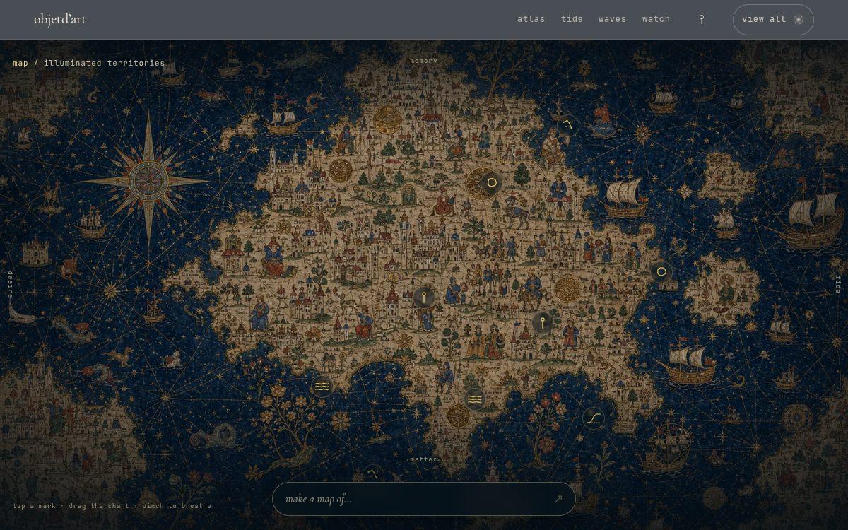 the living map — one continuous generative world-plane you roam by camera — drag to travel, pinch to fall through layer after layer of freshly drawn ground, tap a landmark to open a whole map of that thing.