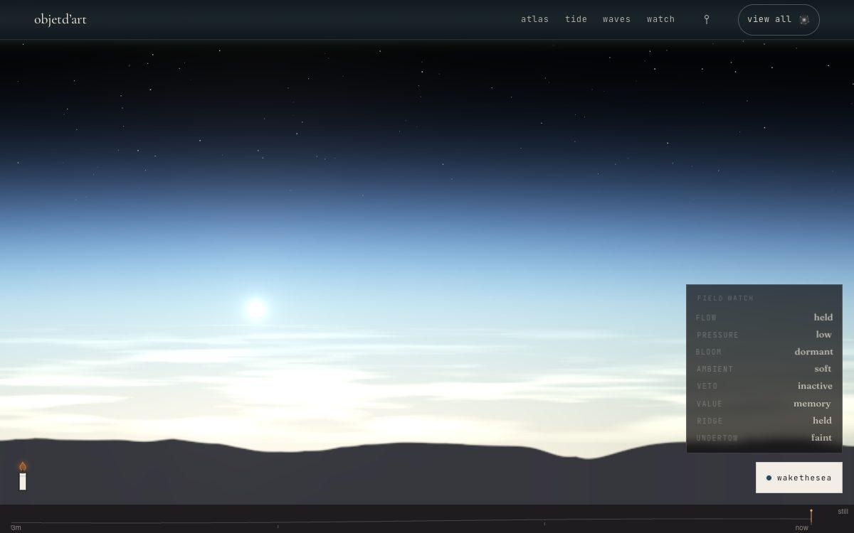 the air column, weighed in colour — the hundred kilometres of air above the summit, side on and marched as a volume — the blue is the optical depth of the real barometric column, and the clouds a hand makes are parcels of that column lifted until their own vapour condenses.