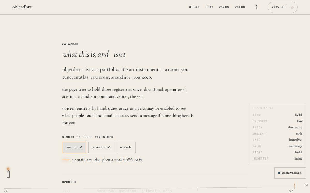 what kept this — the quiet last page — what the site is and isn't, signed in three registers you can actually hear.