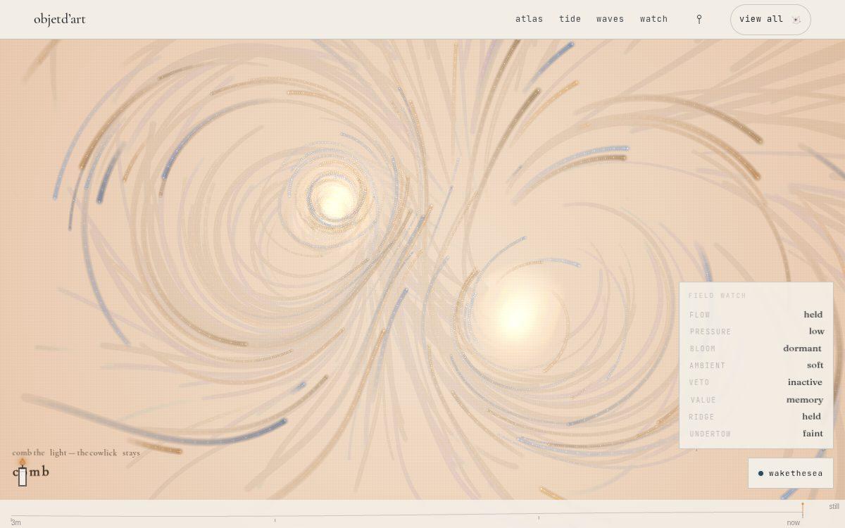 comb the light · the cowlick stays — a field of light combed by a direction field carrying topological defects, where the total winding never goes away.