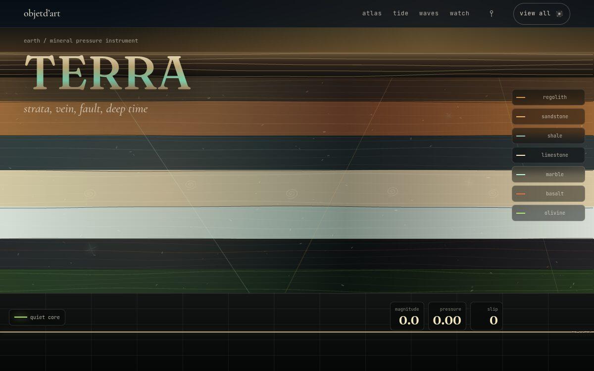 strata · seismograph · root — a mineral cross-section — sky, surface, eight strata, and a live seismograph reading your hand as geologic pressure.