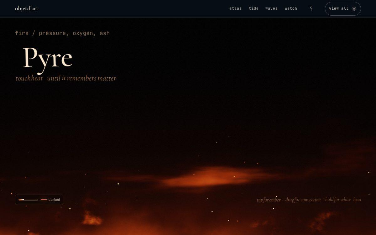 the element that breathes — a combustion field on WebGL — blackbody heat, convection plumes, embers and pressure wells, driven by touch as though it were real heat.