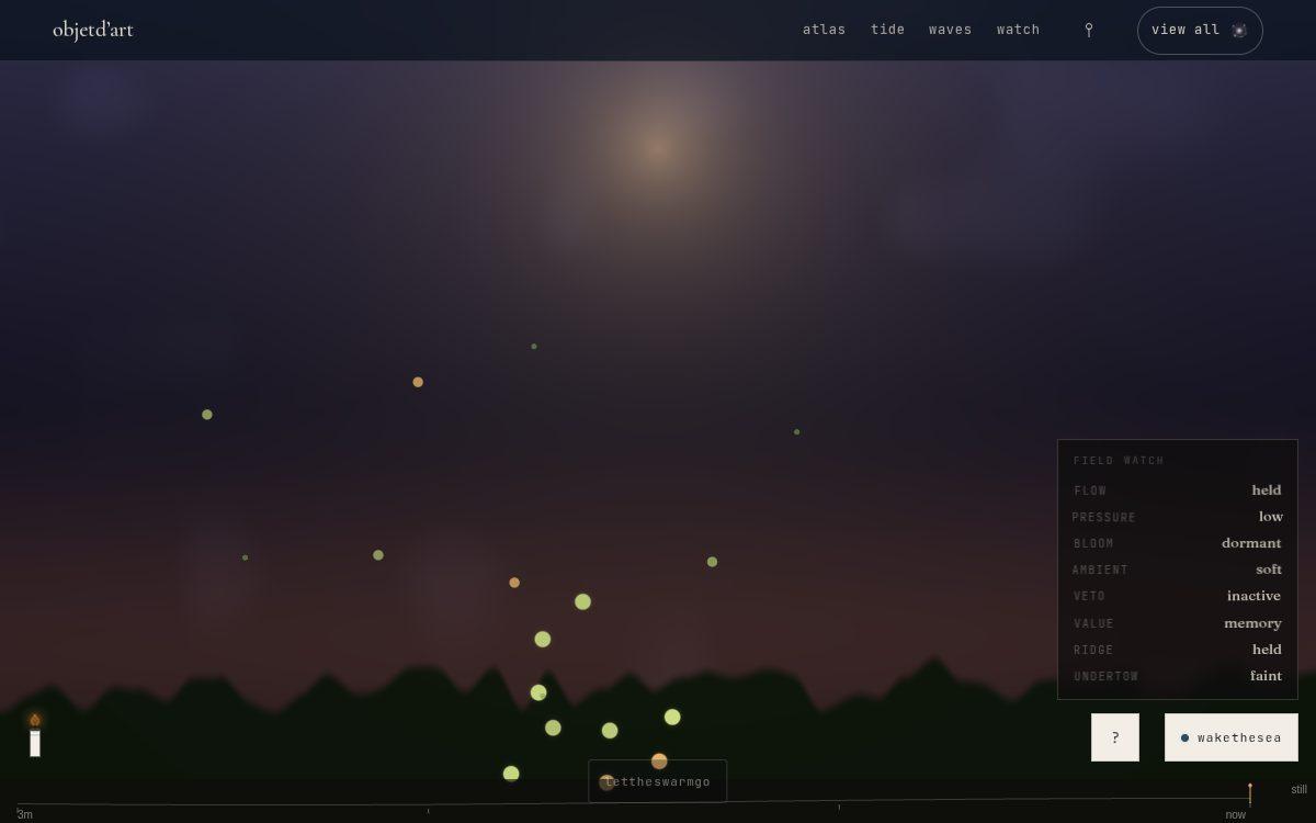 bodies that are their behaviors — a dusk meadow-edge swarm, milling by real flocking under a lantern that breathes on the 7s clock. an insect is its behavior + its lifecycle stage + its causal role: a mote grazes the flock, a pollinator takes the light, a predator hunts — and an egg, a larva, and an imago are three causal things, not one body three ways.