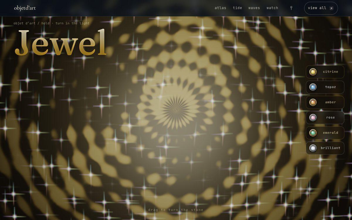 turn the stone — one molten-gold gemstone as a full-screen shader — caustics, sparkle, and dispersion that shimmer with the site's own sound.