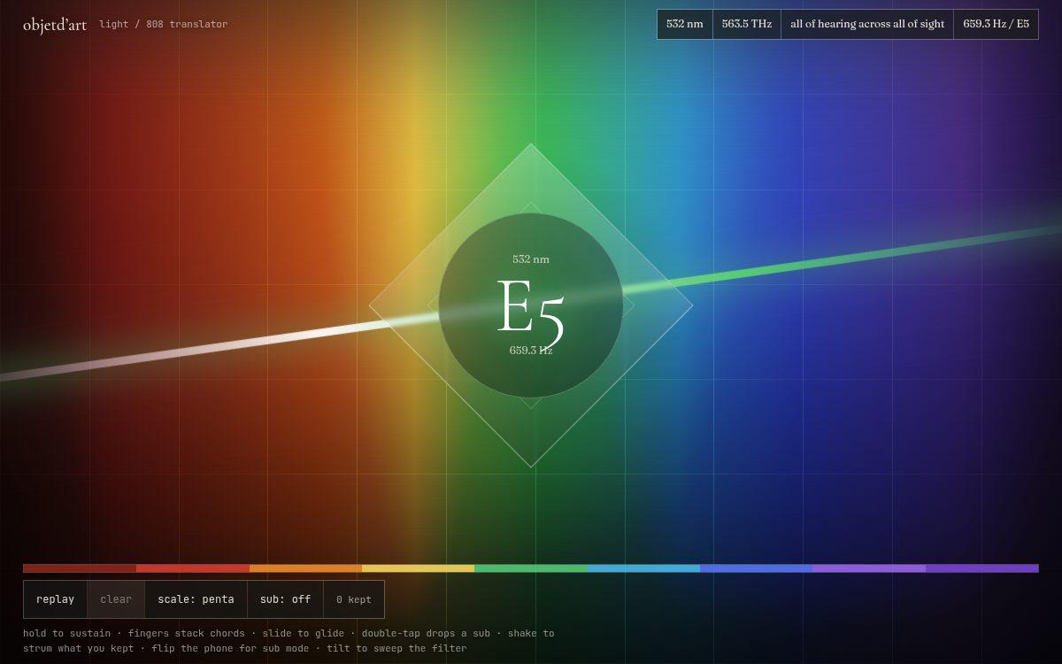 color music — a full-screen spectral plate — x is wavelength, y is brightness, with visible scale frets that bloom near your finger, played on a sustaining synth.