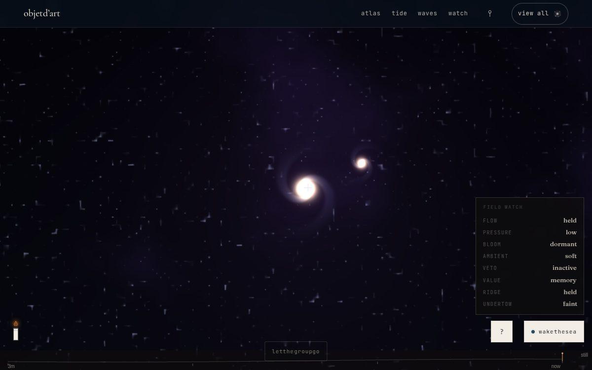 a few galaxies that fall together forever — a small gravitationally-bound cluster seen from outside — the Milky Way and Andromeda and a scatter of dwarf satellites, each a warm-gold bulge inside cool-blue arms inside a faint magenta dark-matter halo, all wheeling about a common barycenter on softened orbits that hold forever. a galaxy is its mass, its spin and its stellar age: two on a bound orbit stream tidal tails and, given cosmic time, coalesce into one disc that is neither parent.