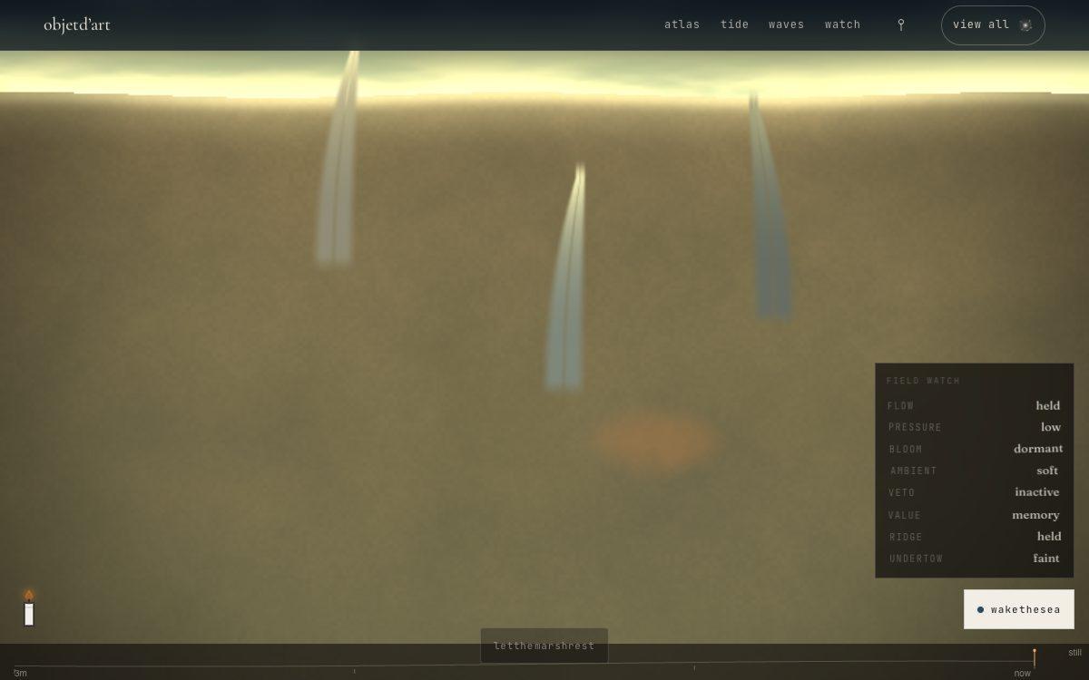 the marsh — reed, biofilm, oxygen — a continuous scalar field of dissolved oxygen over the water surface, with reeds that produce oxygen and biofilm mats that consume it. every closed-form advance the field diffuses laterally, reeds inject oxygen scaled by sunlight, biofilm mats sink it scaled by their mass. the load-bearing pitch is the local oxygen concentration, so from the ringing you recover the field's state; nothing on the shelf is created except what the sun gave from above or the biofilm quietly took.