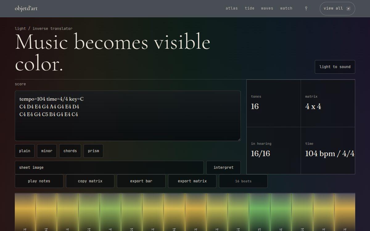 notes into color — the inverse translator — a written score becomes a long color bar and a matrix, each note carrying its own wavelength.