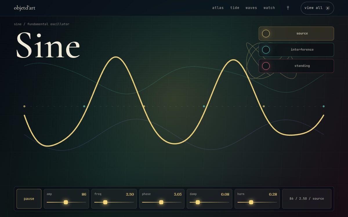wave explorer — the fundamental oscillator as an instrument — a sine ribbon that bends through every finger you set on it, each one its own voice.
