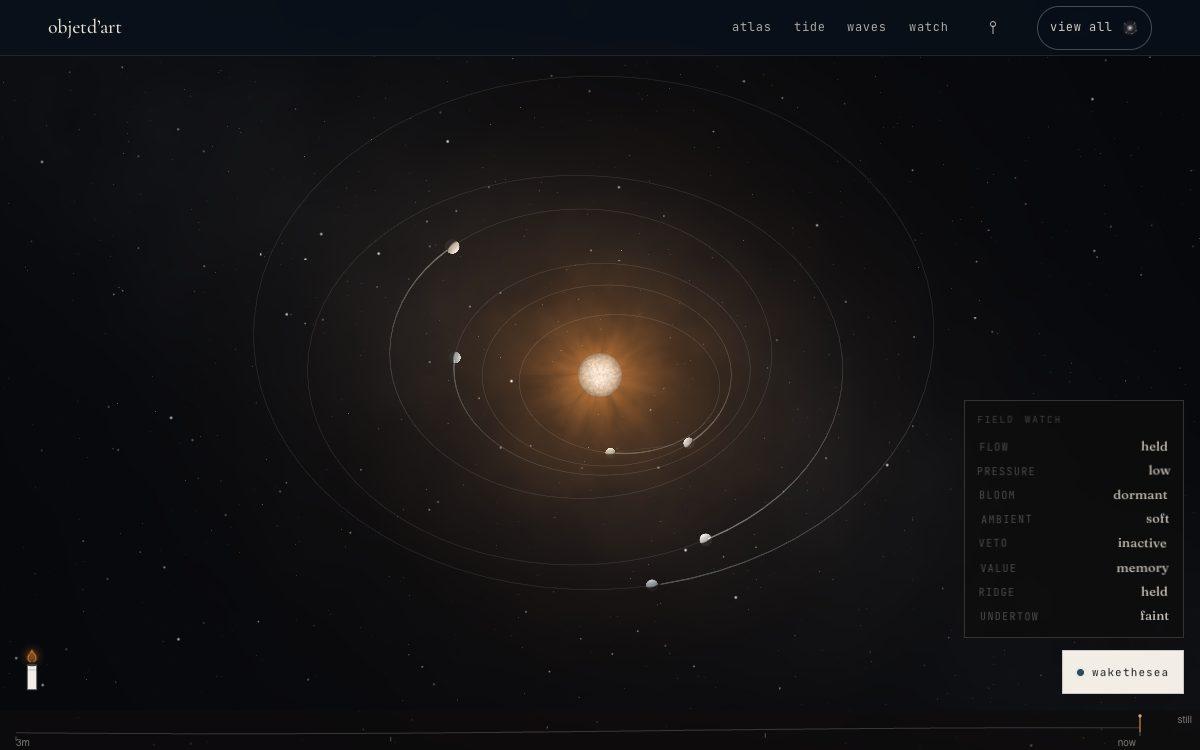the system assembled — a small solar system that genuinely keeps orbiting while nobody watches — real elapsed time folded into kepler's clockwork in one closed-form step — and the worlds pull on each other while you do, so orbits precess, pairs lock into whole-number ratios, and what touches merges.