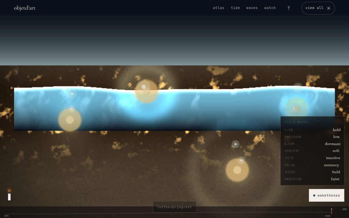 the spring — head, seep, ring — a two-cell hydraulic ledger — an aquifer under the ground and a small pool over it — with a seep between them and a lip the pool spills over. the water's pitch IS the head that pushed it up, so from the ringing you can read the depth of the water below the ground; nothing on the shelf is created except what the rain gives back or the sun quietly takes.