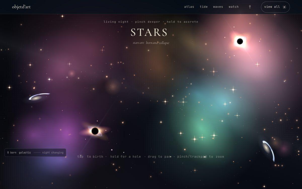 the night sky — a four-layer nested night sky you pan and zoom through, where stars are born by hand, worlds condense, and black holes merge.