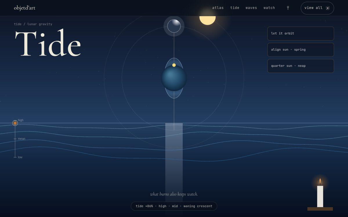 move the moon — a lunar gravity instrument — drag the Moon or Sun around the Earth and watch the tidal bulge, and the shore, answer.
