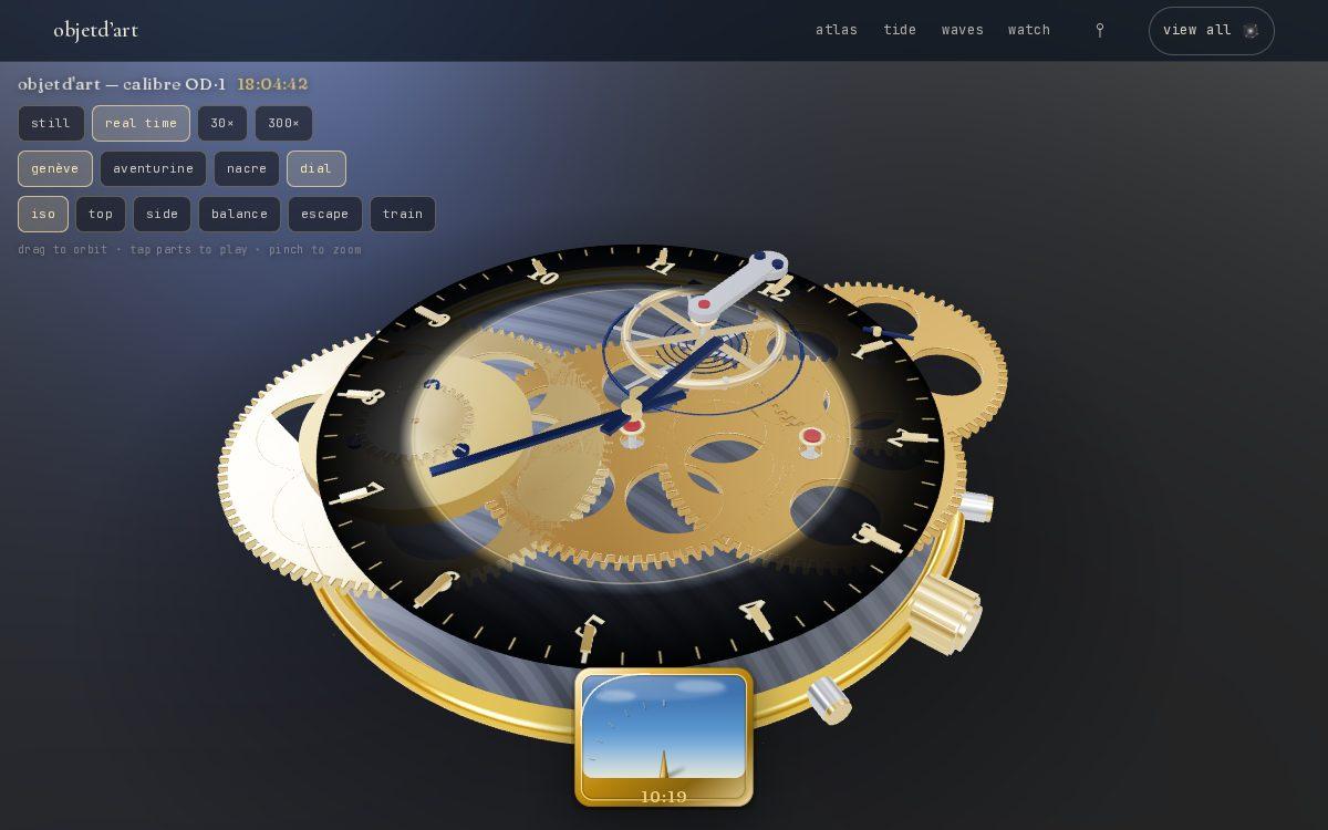 the carriage against gravity — a fully modeled watch calibre in 3D — mainspring, going train, escapement, balance wheel, and a tourbillon carriage that turns once a minute so the case's own lean never has the last word.